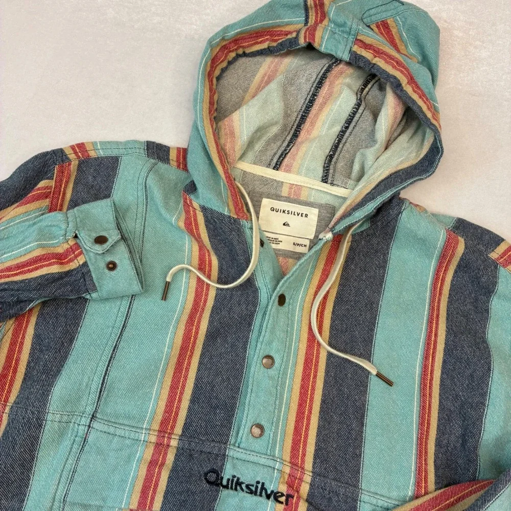 Quiksilver Baja Hoodie Men S Teal Blue Red Striped Pullover Anorak Surf Shirt